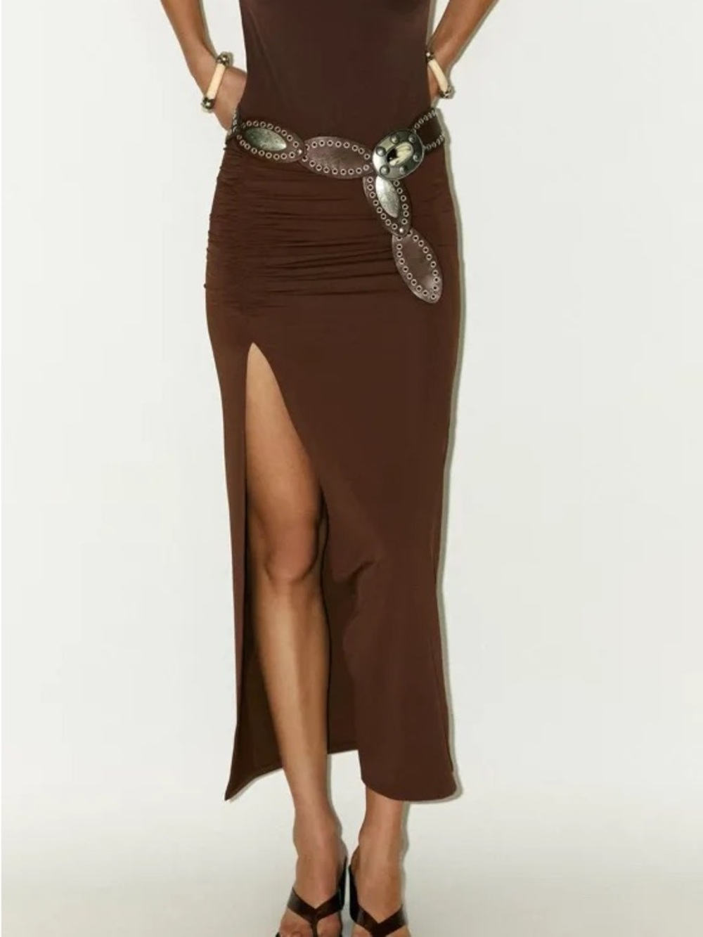 Zara Asymmetric Brown Gathered Maxi Skirt with Slit